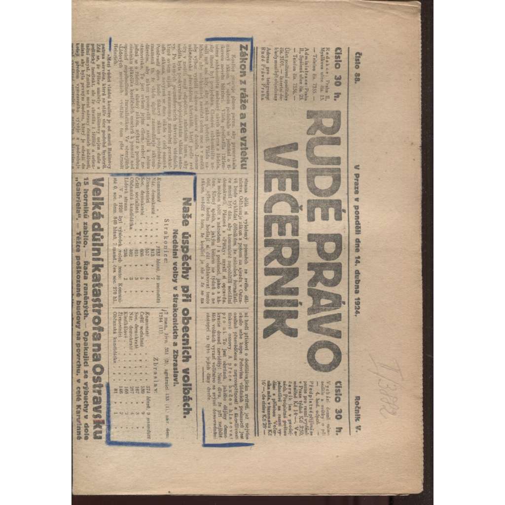 Rudé právo - večerník (14.4.1924) - 1. republika, staré noviny