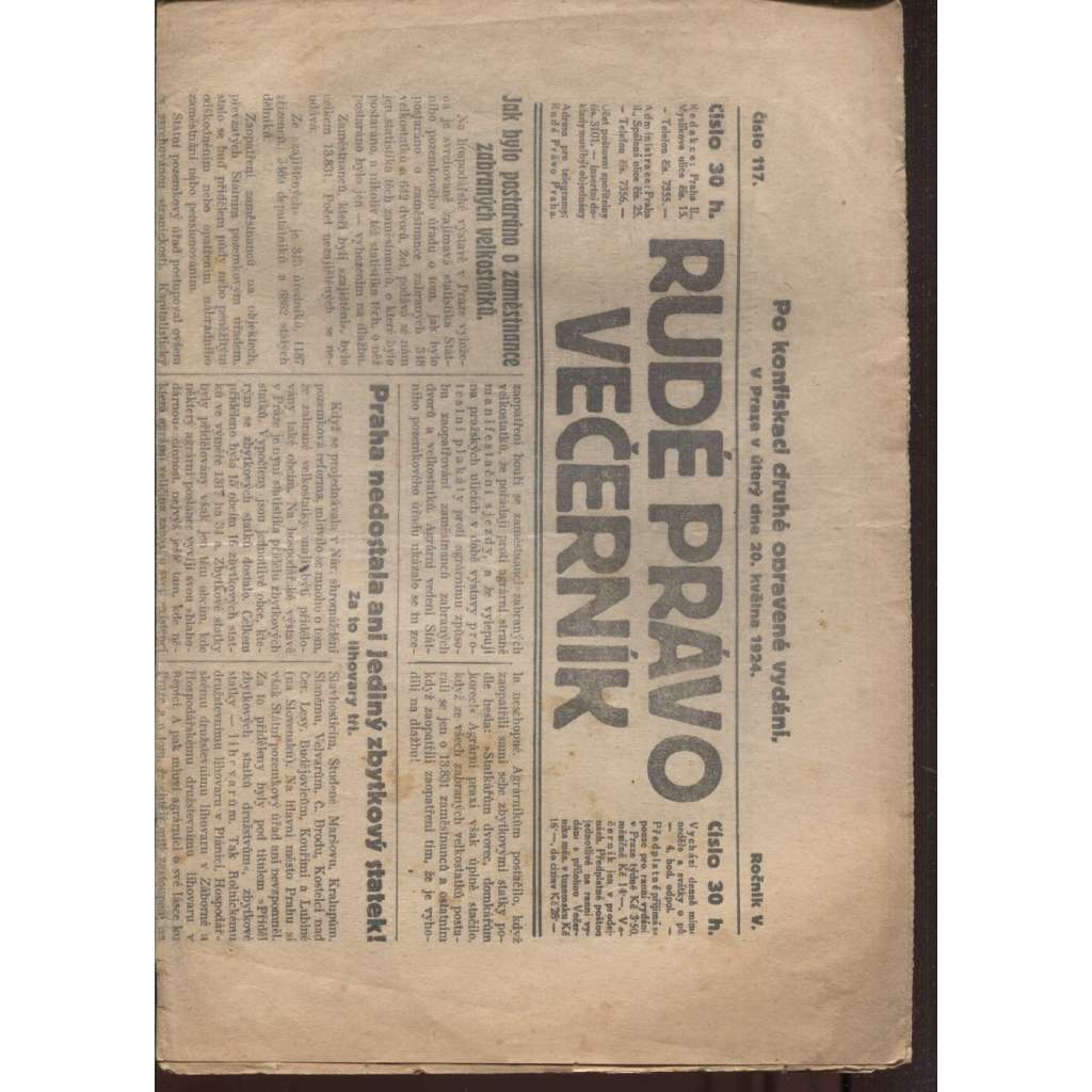 Rudé právo - večerník (20.5.1924) - 1. republika, staré noviny