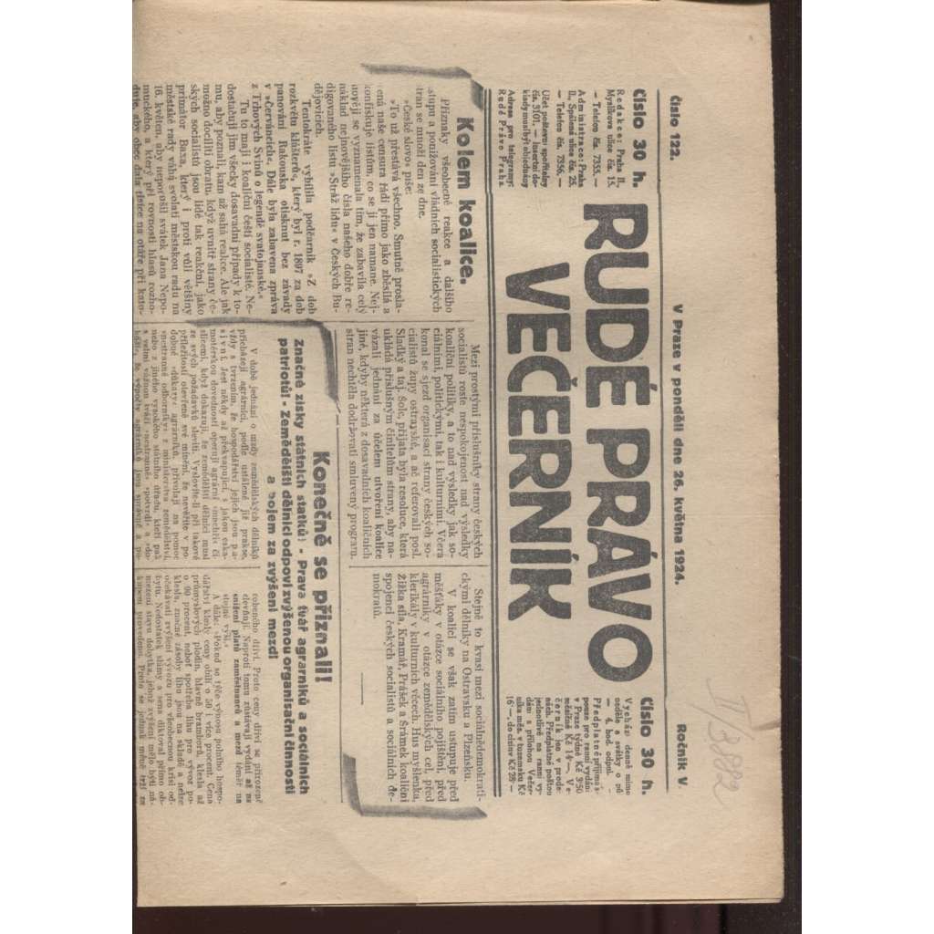 Rudé právo - večerník (26.5.1924) - 1. republika, staré noviny