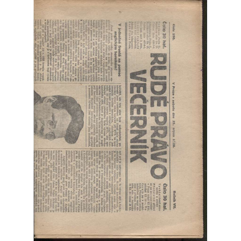 Rudé právo - večerník (21.8.1926) - 1. republika, staré noviny