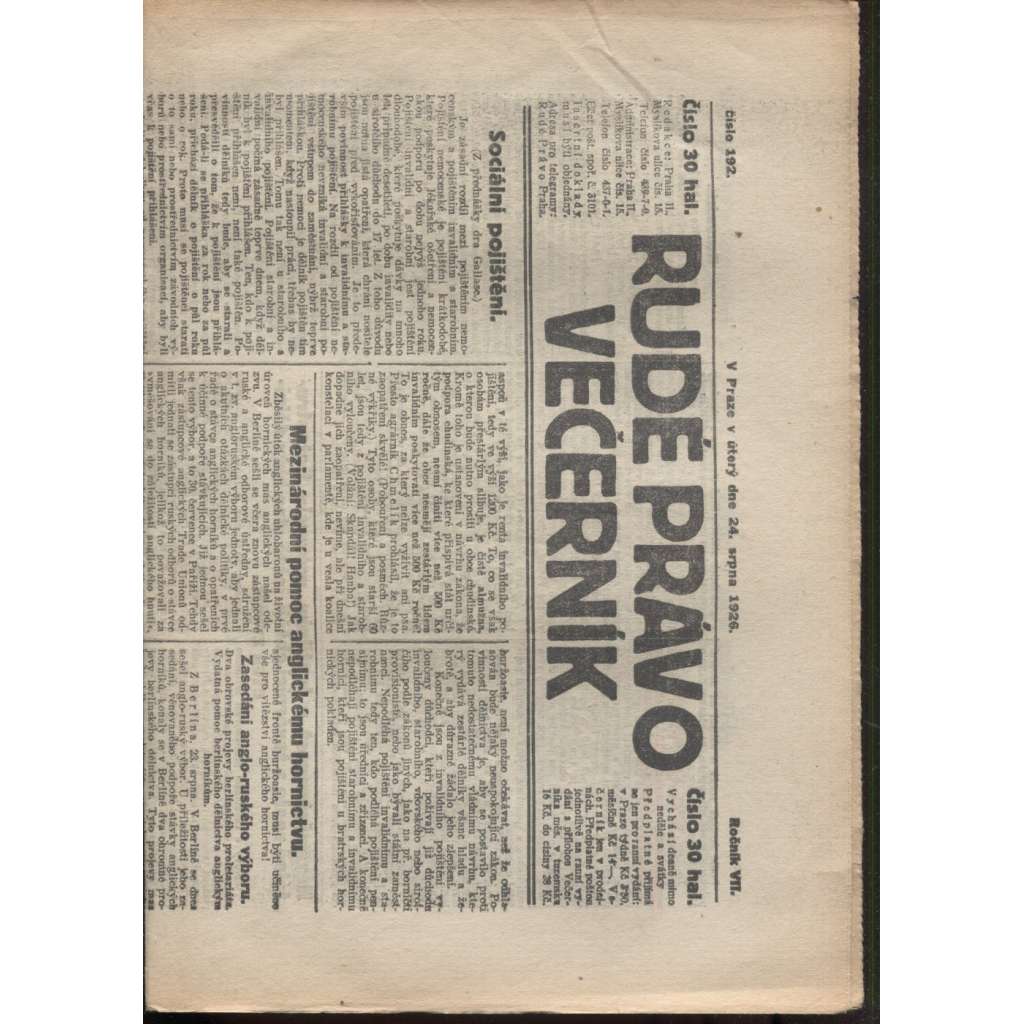 Rudé právo - večerník (24.8.1926) - 1. republika, staré noviny