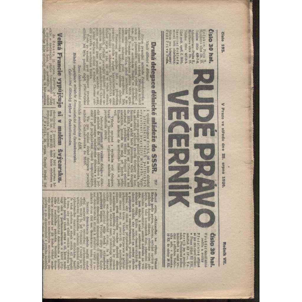 Rudé právo - večerník (25.8.1926) - 1. republika, staré noviny
