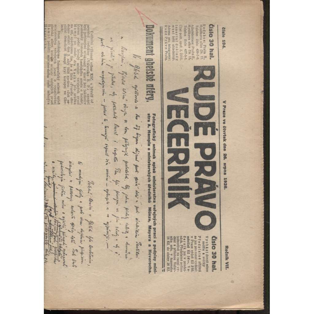 Rudé právo - večerník (26.8.1926) - 1. republika, staré noviny
