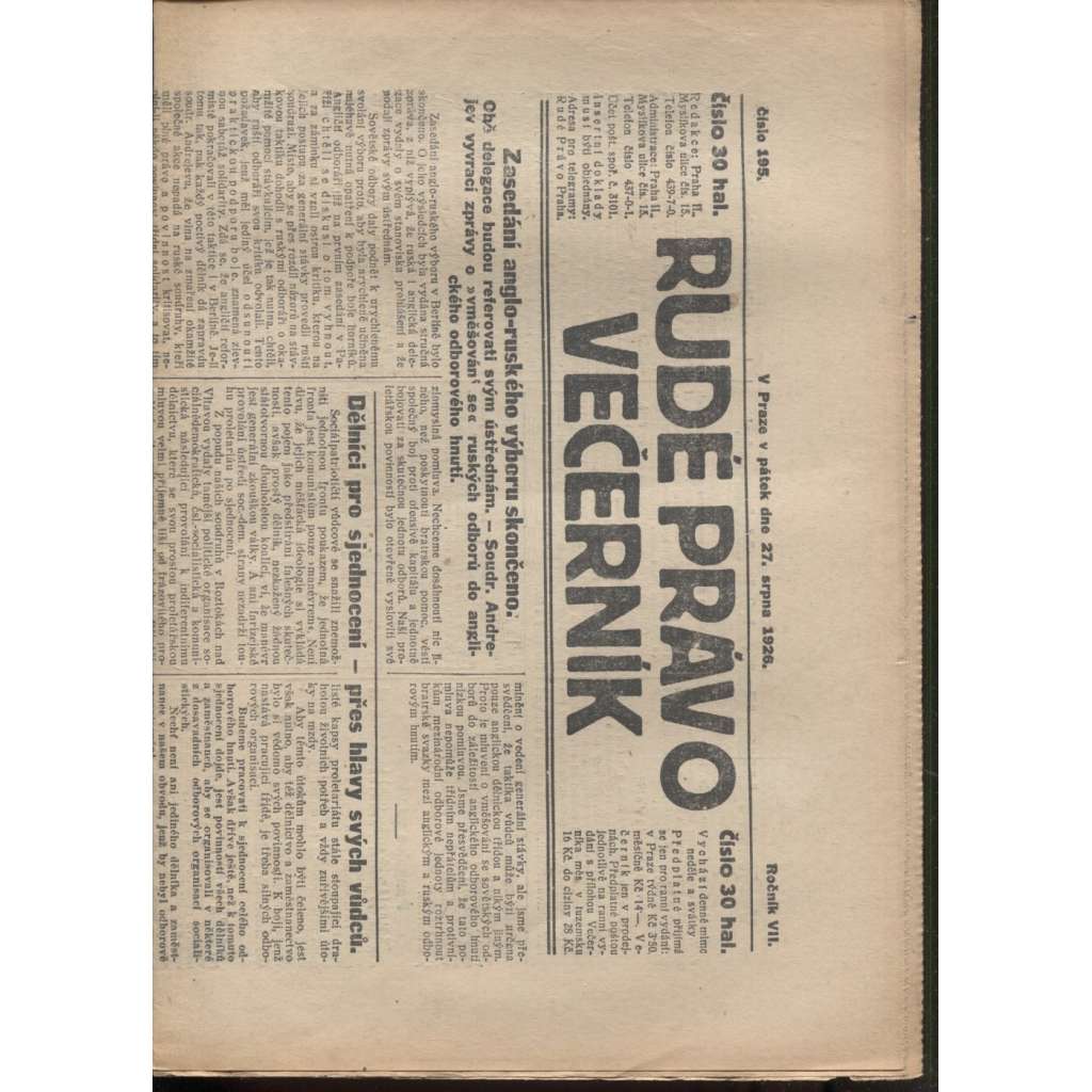 Rudé právo - večerník (27.8.1926) - 1. republika, staré noviny