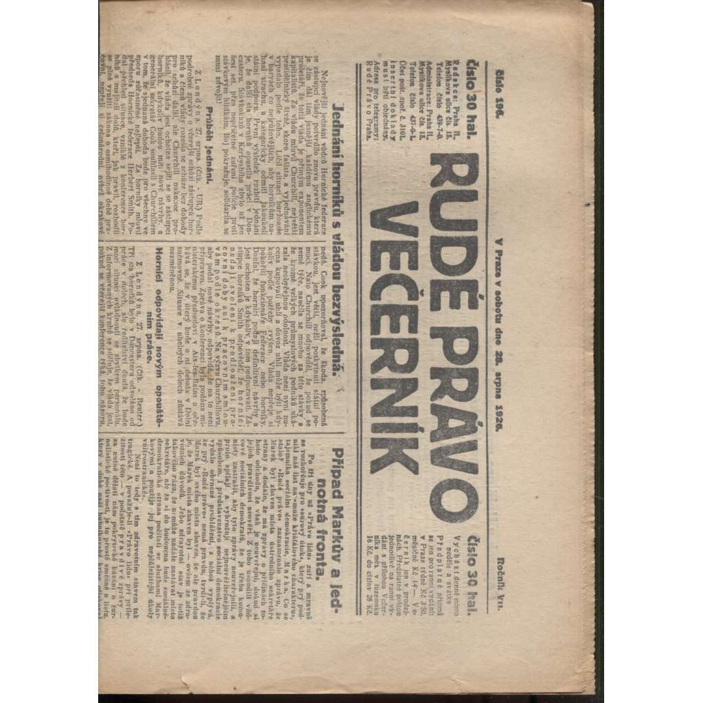 Rudé právo - večerník (28.8.1926) - 1. republika, staré noviny