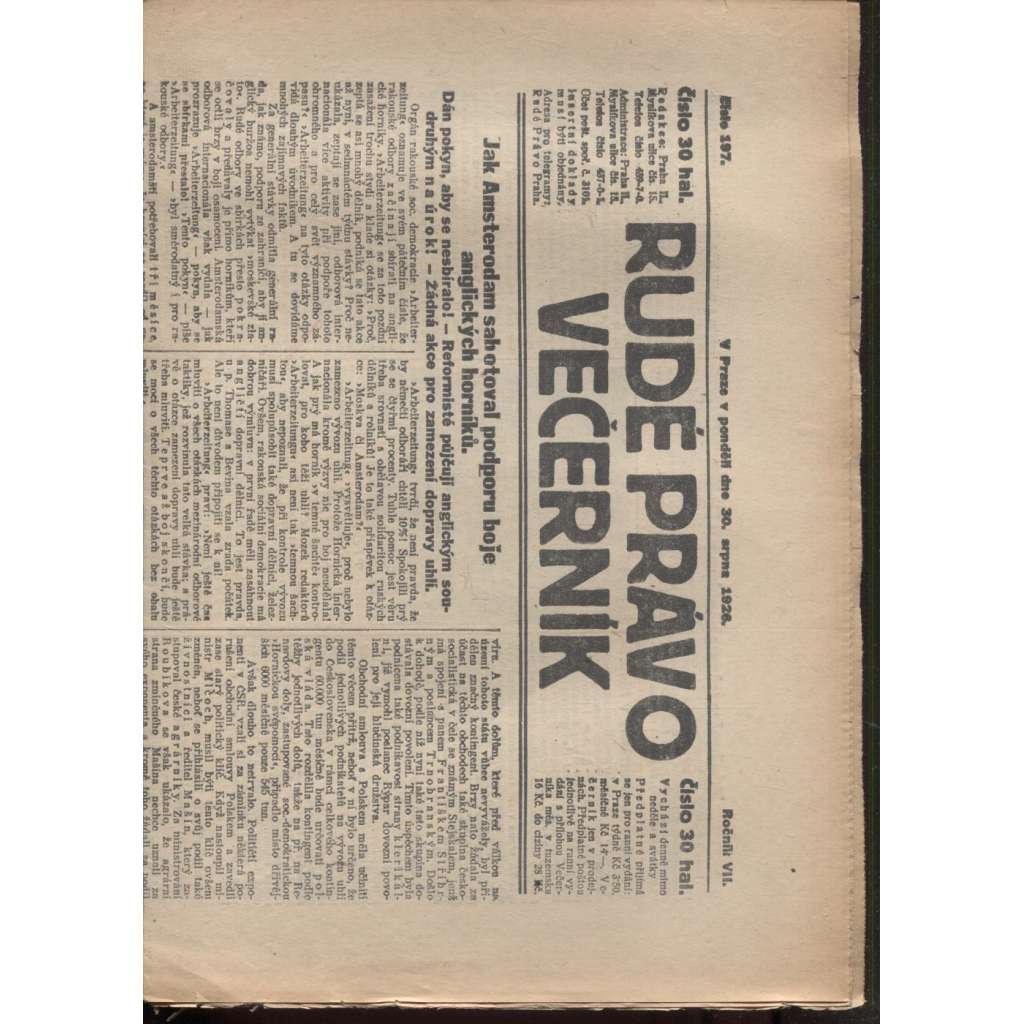 Rudé právo - večerník (30.8.1926) - 1. republika, staré noviny