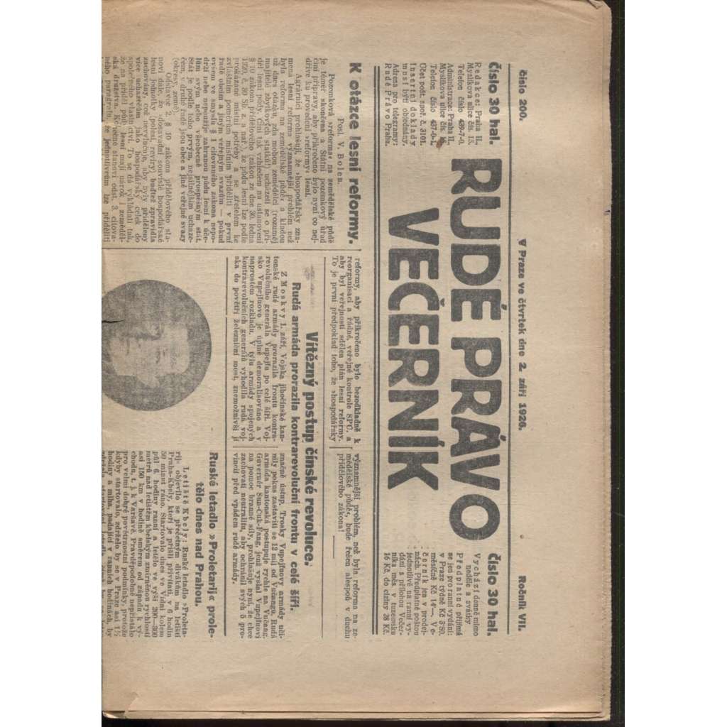 Rudé právo - večerník (2.9.1926) - 1. republika, staré noviny
