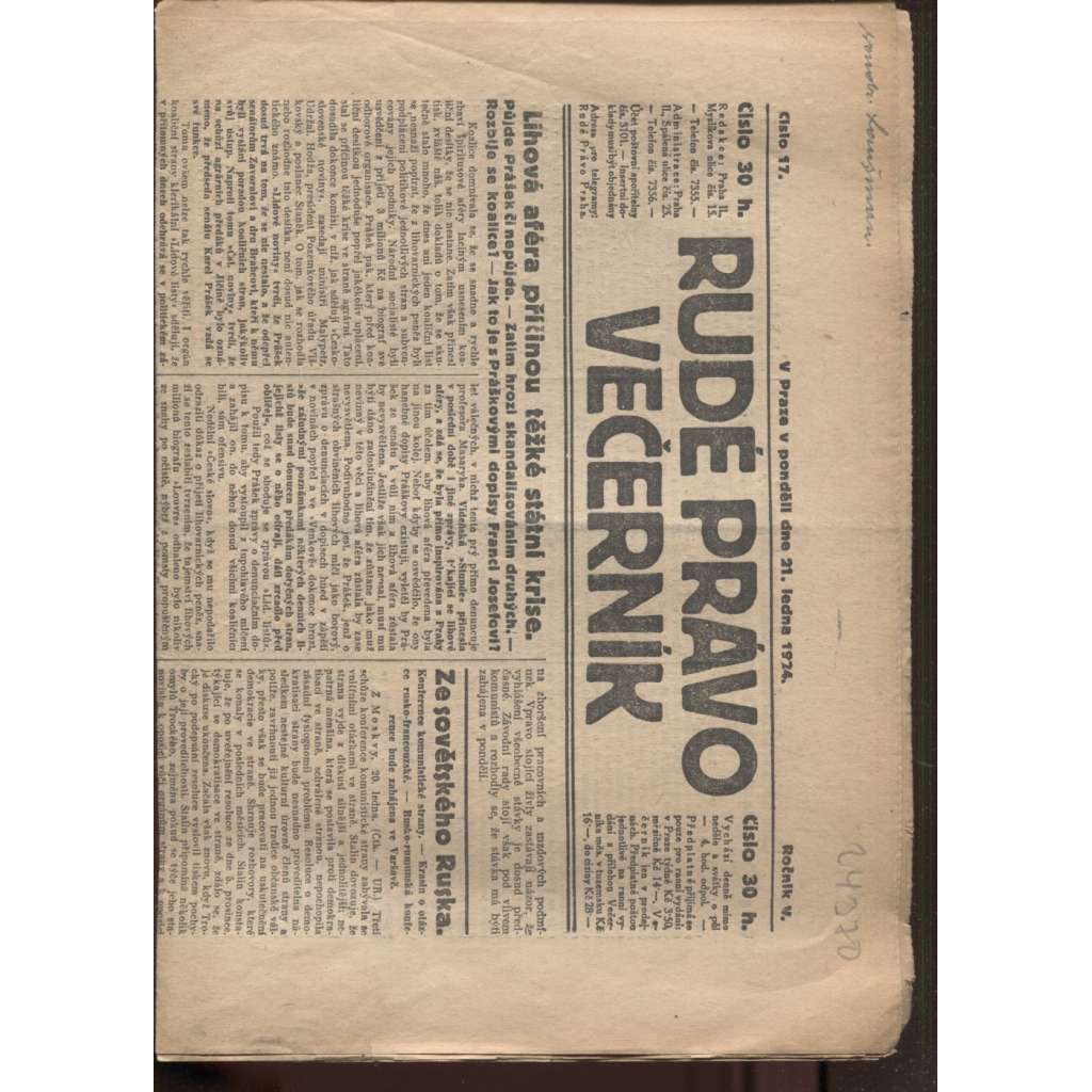 Rudé právo - večerník (21.1.1924) - 1. republika, staré noviny
