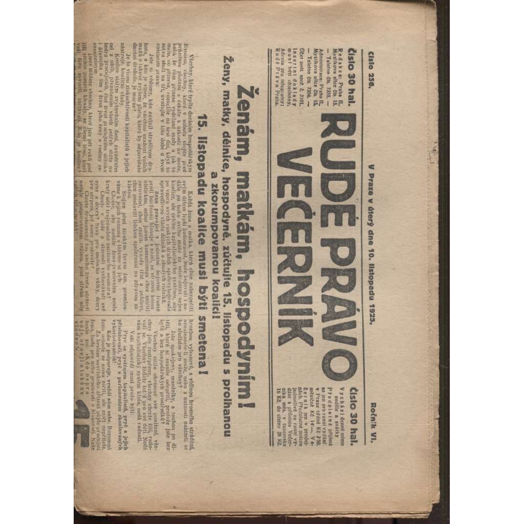 Rudé právo - večerník (10.11.1925) - 1. republika, staré noviny