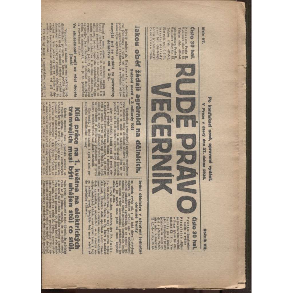 Rudé právo - večerník (27.4.1926) - 1. republika, staré noviny