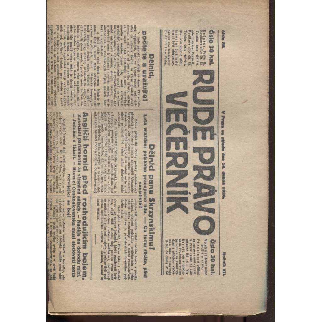 Rudé právo - večerník (14.4.1926) - 1. republika, staré noviny