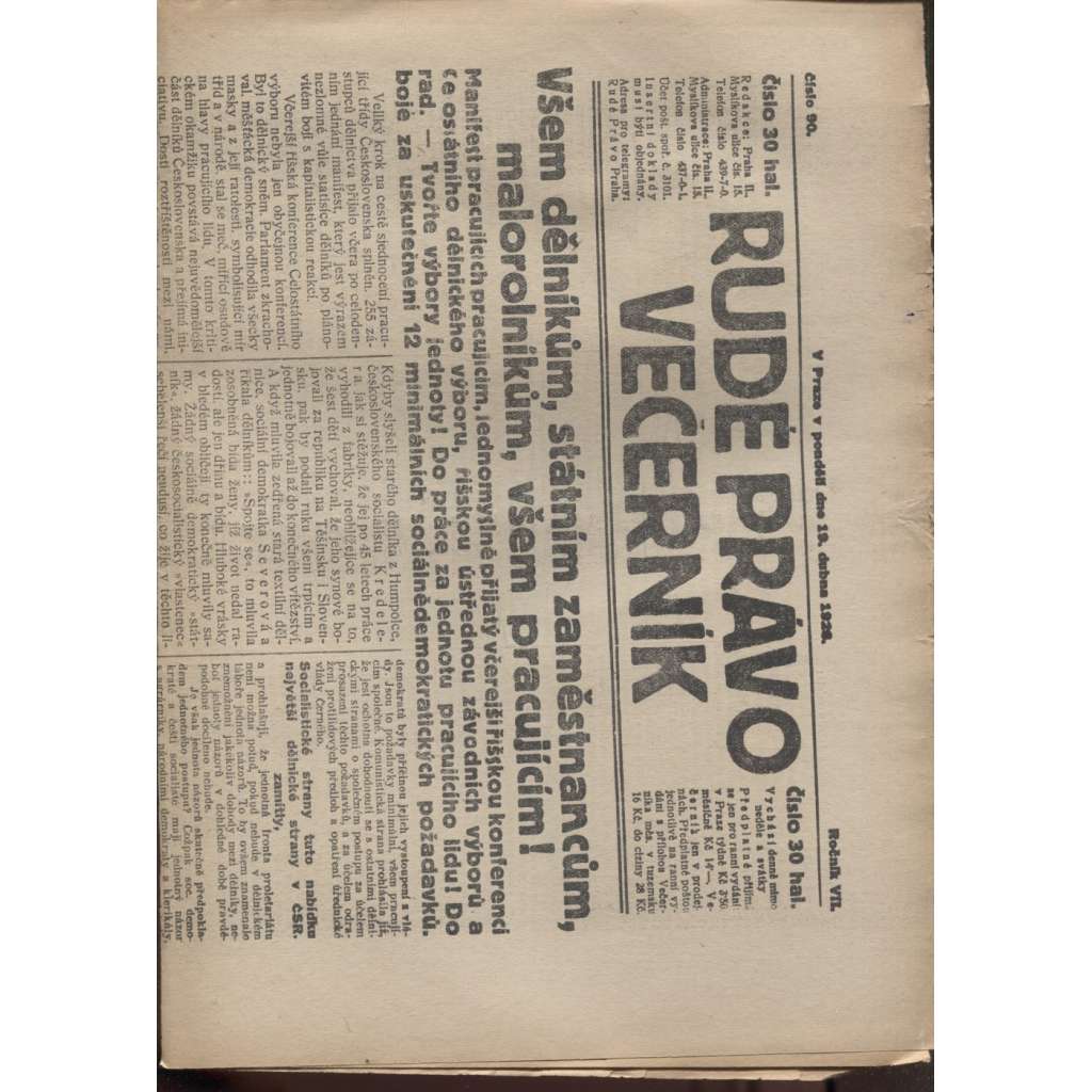 Rudé právo - večerník (19.4.1926) - 1. republika, staré noviny