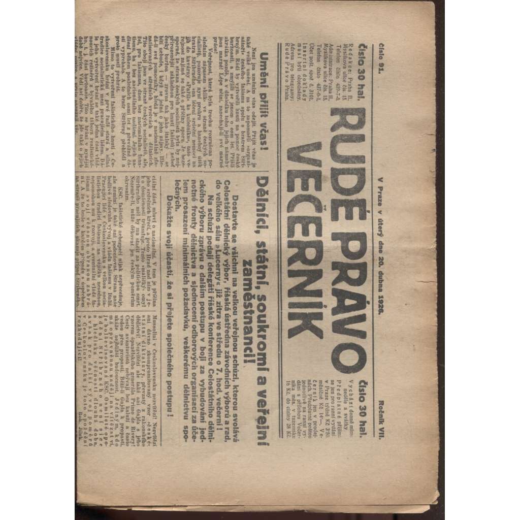 Rudé právo - večerník (20.4.1926) - 1. republika, staré noviny