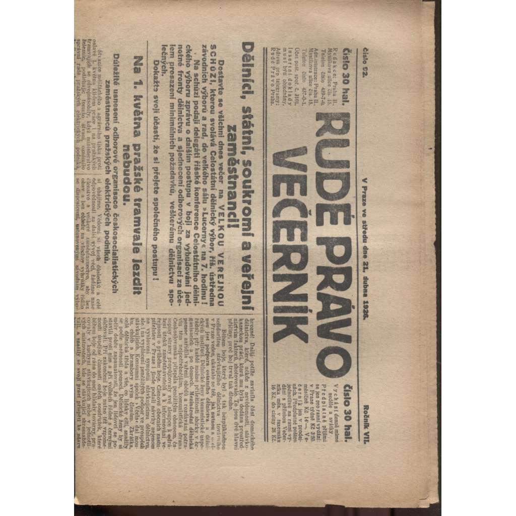 Rudé právo - večerník (21.4.1926) - 1. republika, staré noviny