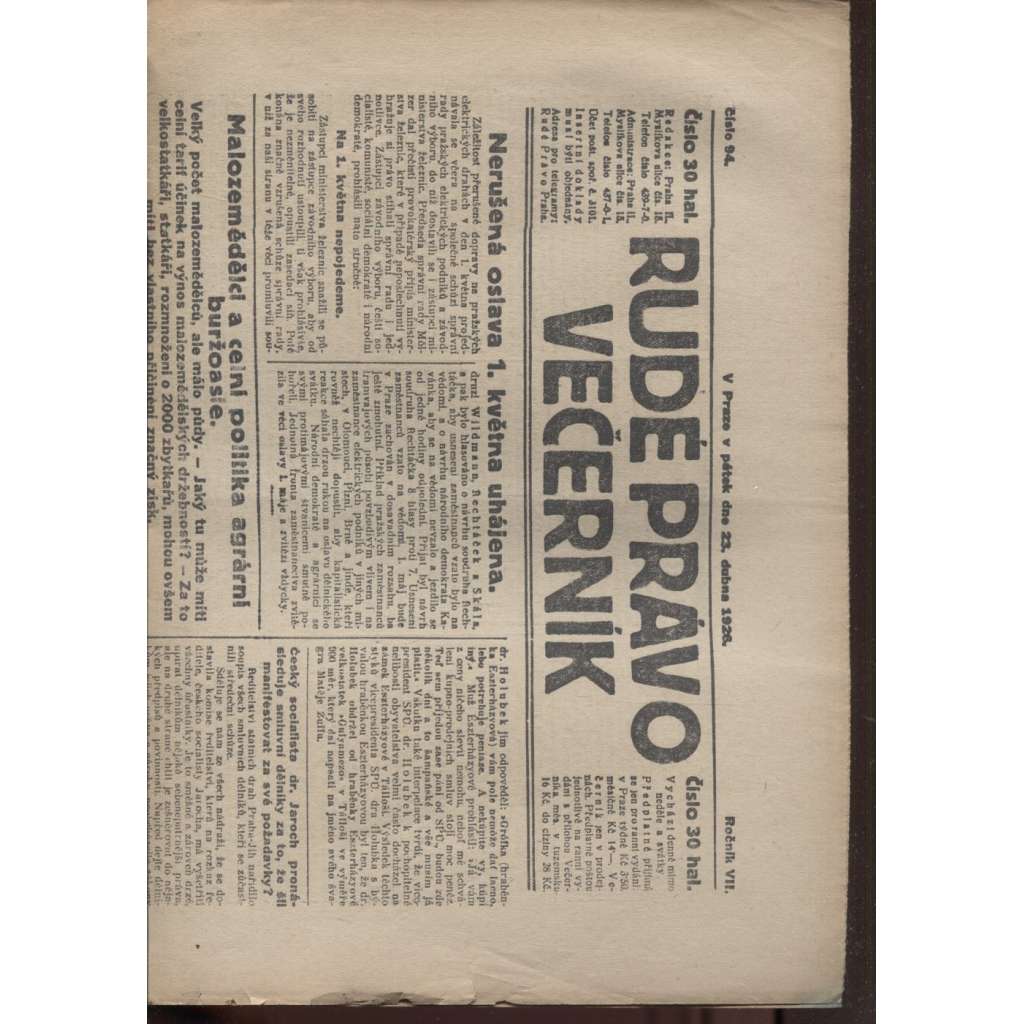 Rudé právo - večerník (23.4.1926) - 1. republika, staré noviny