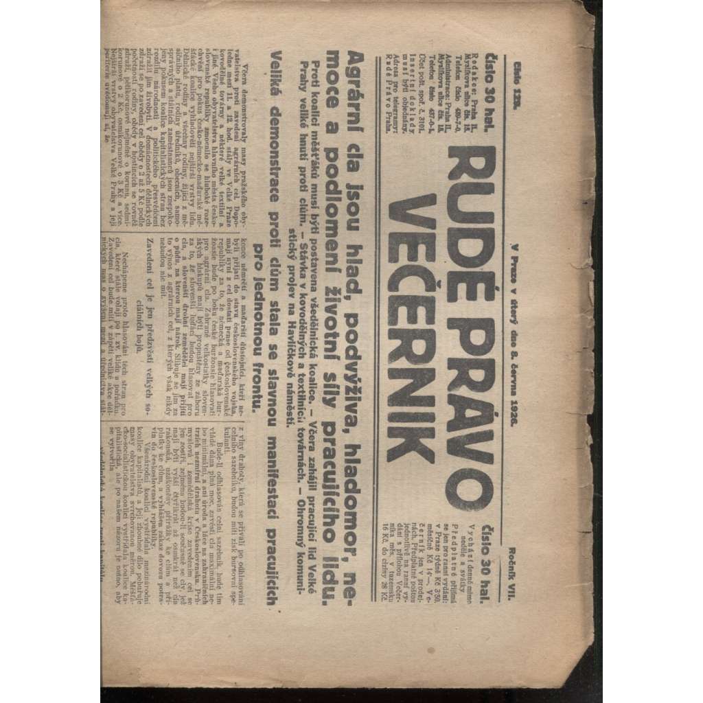 Rudé právo - večerník (8.6.1926) - 1. republika, staré noviny