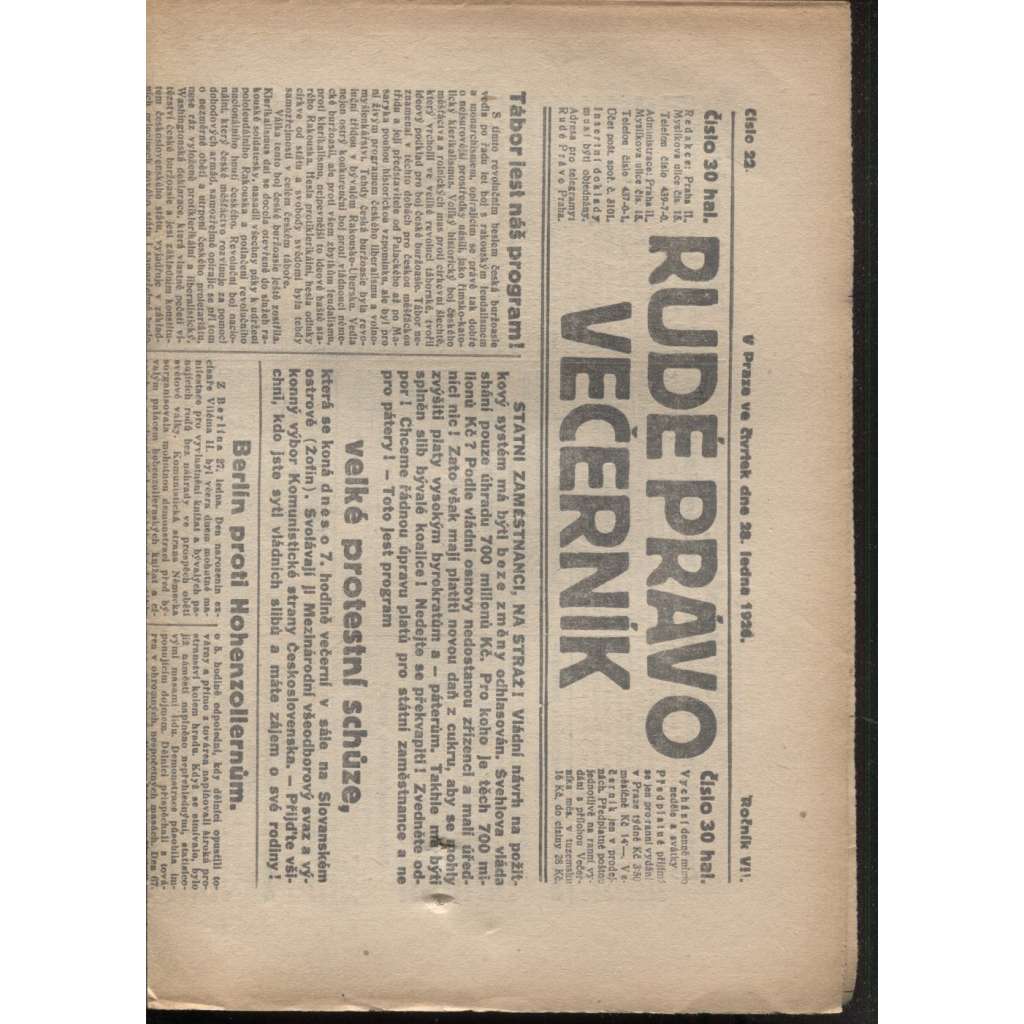 Rudé právo - večerník (28.1.1926) - 1. republika, staré noviny