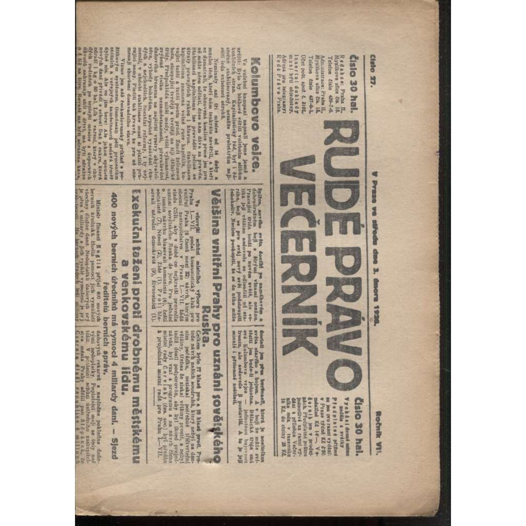Rudé právo - večerník (3.2.1926) - 1. republika, staré noviny
