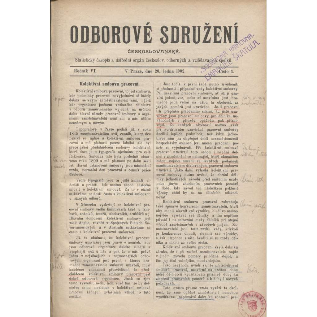 Odborové sdružení českoslovanské, ročník VI./1902 [Statistický časopis a ústřední orgán českoslov. odborových a vzdělávacích spolků] odbory