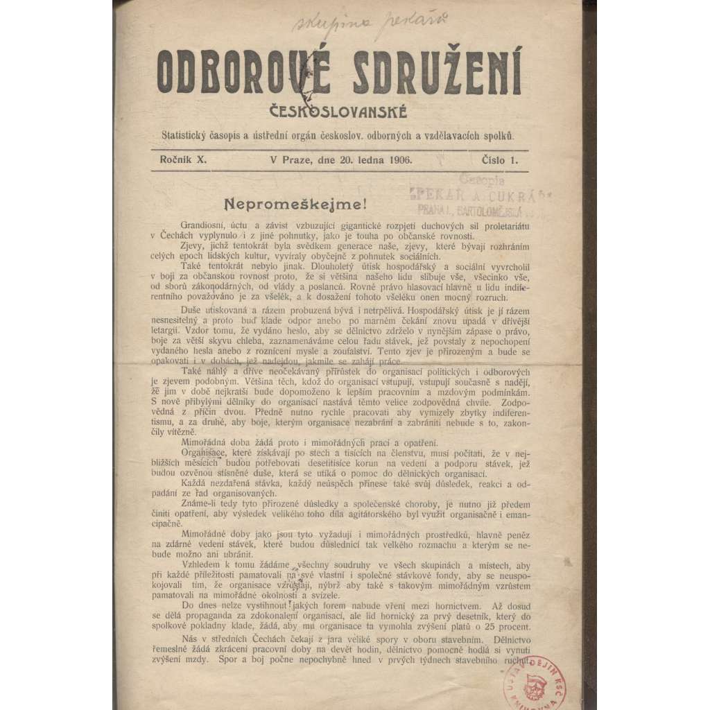 Odborové sdružení českoslovanské, ročník X./1906 [Statistický časopis a ústřední orgán českoslov. odborových a vzdělávacích spolků] odbory