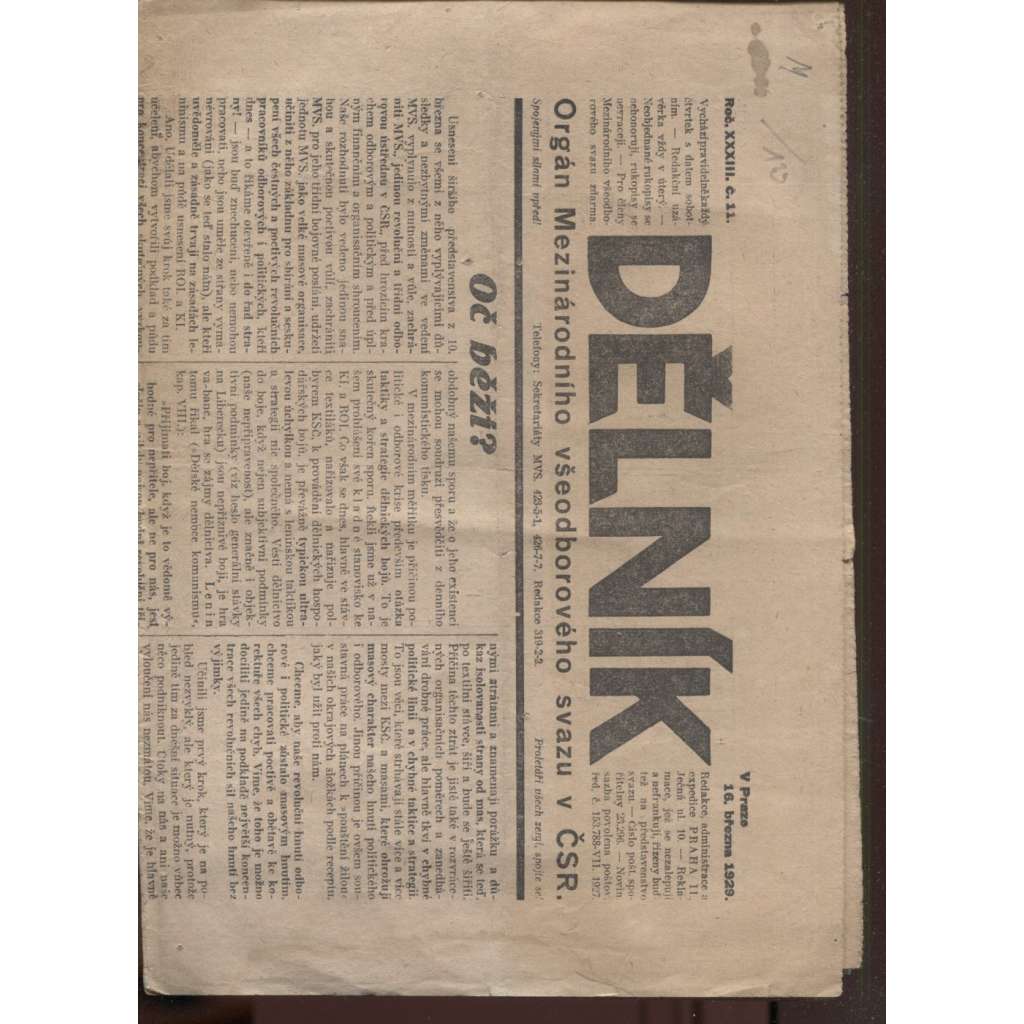 Dělník (16.3.1929) - 1. republika, staré noviny (ročník 33.) Orgán Mezinárodního všeodborového svazu v československé republice (odbory)