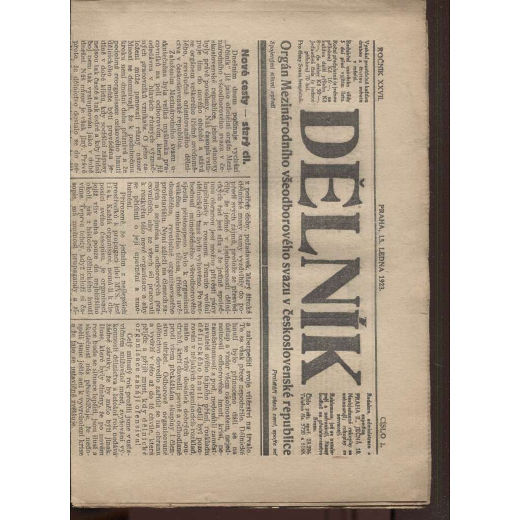Dělník (13.1.1923) - 1. republika, staré noviny (ročník 27.) Orgán Mezinárodního všeodborového svazu v československé republice (odbory)
