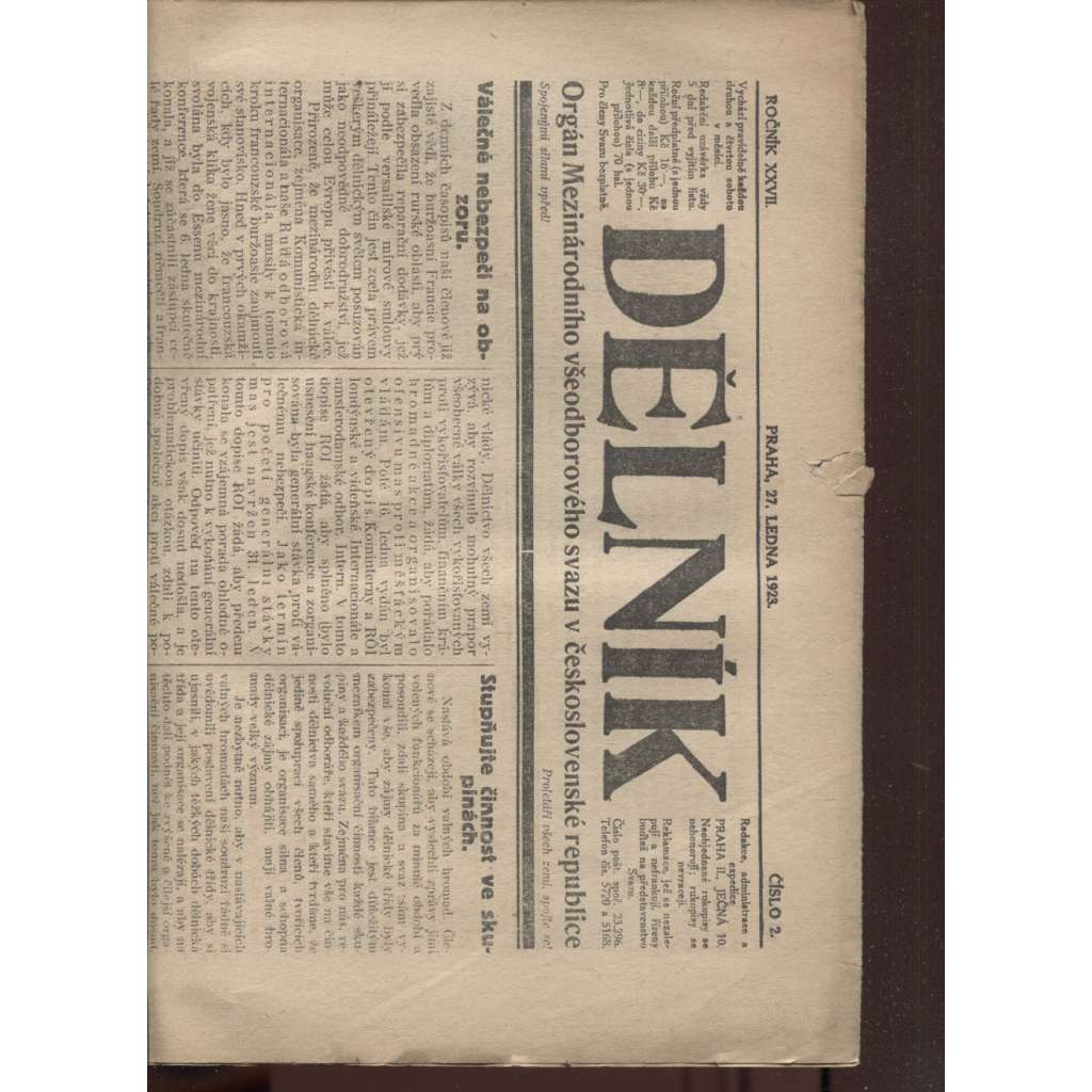 Dělník (27.1.1923) - 1. republika, staré noviny (ročník 27.) Orgán Mezinárodního všeodborového svazu v československé republice (odbory)
