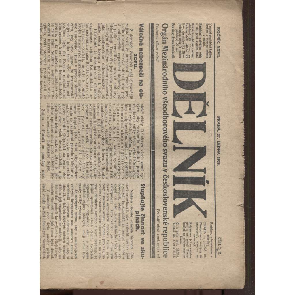 Dělník (27.1.1923) - 1. republika, staré noviny (ročník 27.) Orgán Mezinárodního všeodborového svazu v československé republice (odbory)
