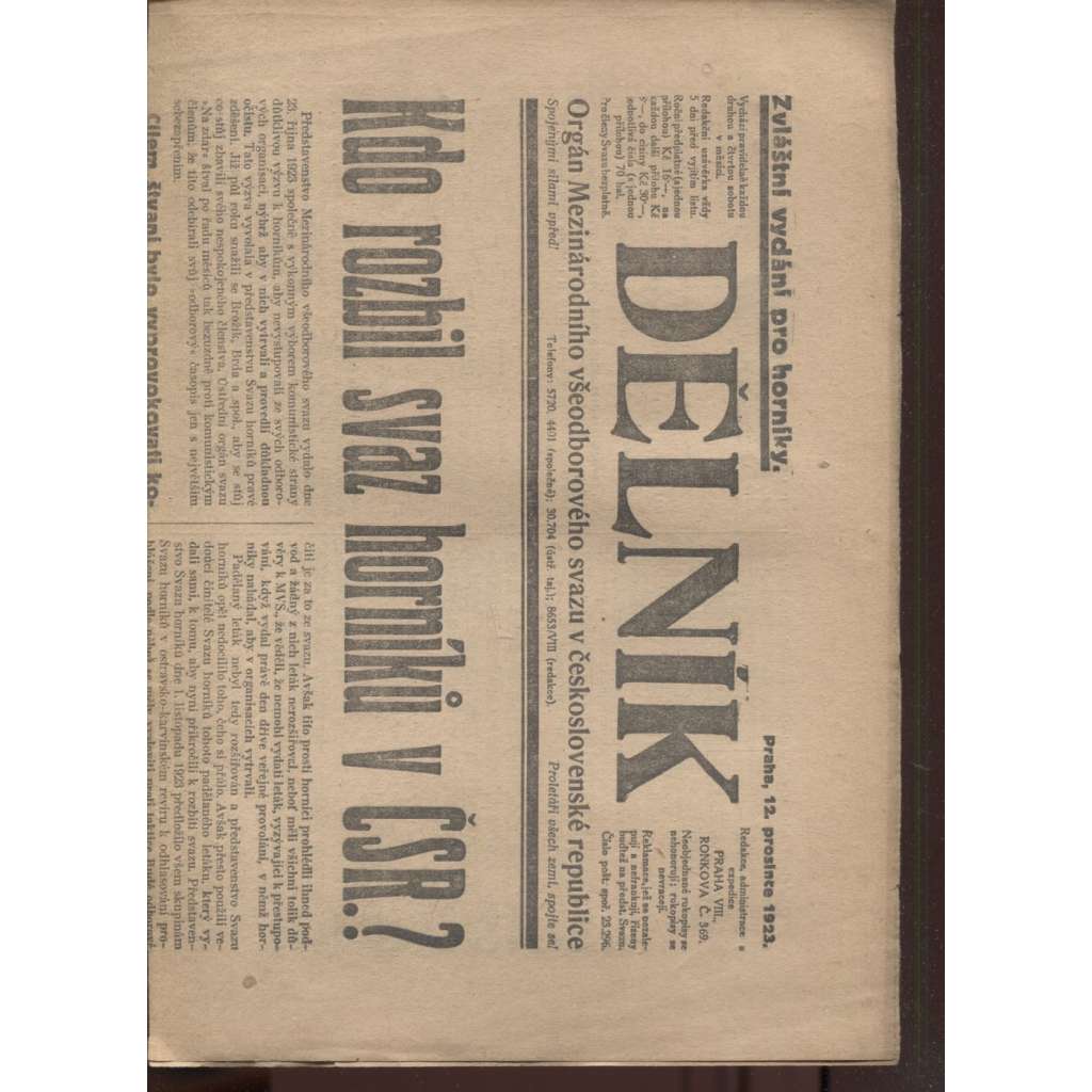 Dělník (12.12.1923) - 1. republika, staré noviny. Orgán Mezinárodního všeodborového svazu v československé republice (odbory)
