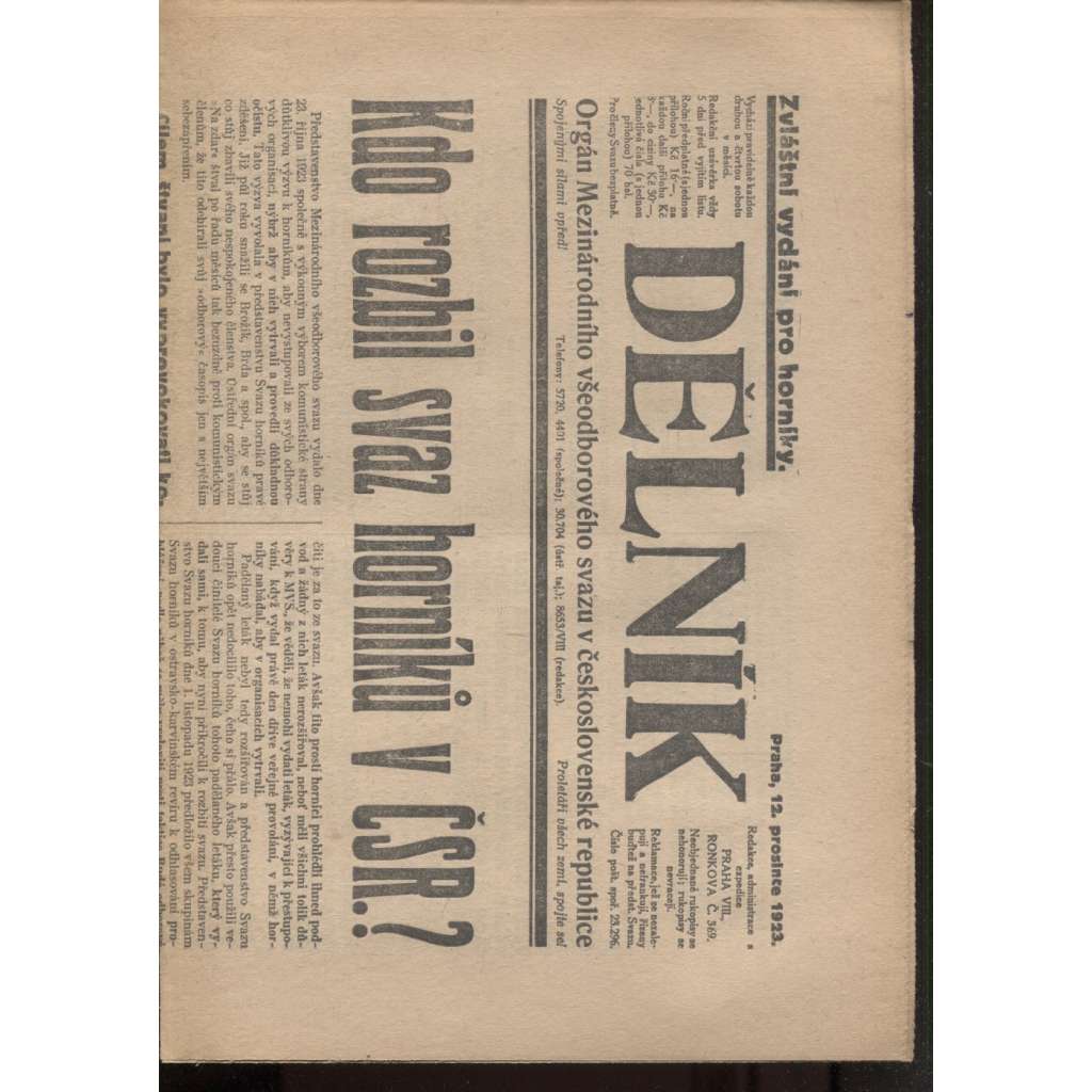 Dělník (12.12.1923) - 1. republika, staré noviny. Orgán Mezinárodního všeodborového svazu v československé republice (odbory)
