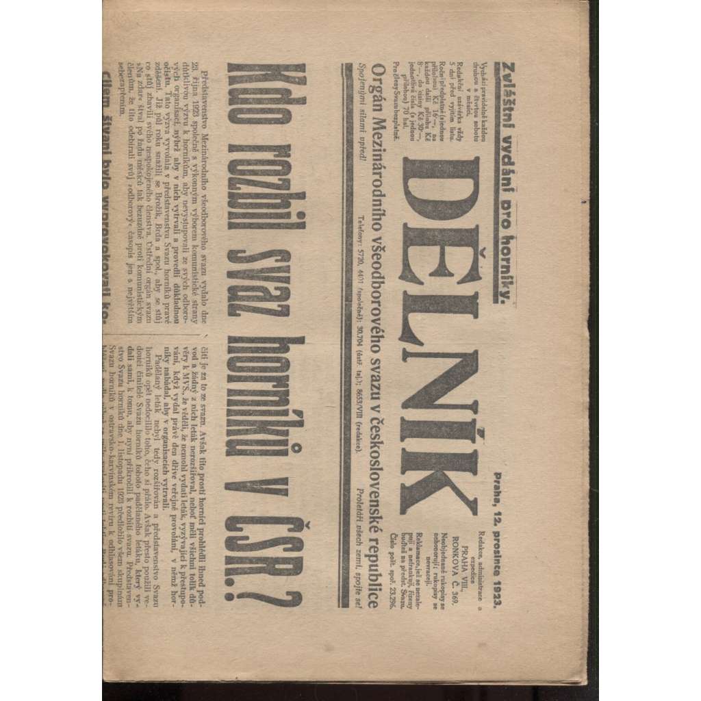 Dělník (12.12.1923) - 1. republika, staré noviny. Orgán Mezinárodního všeodborového svazu v československé republice (odbory)
