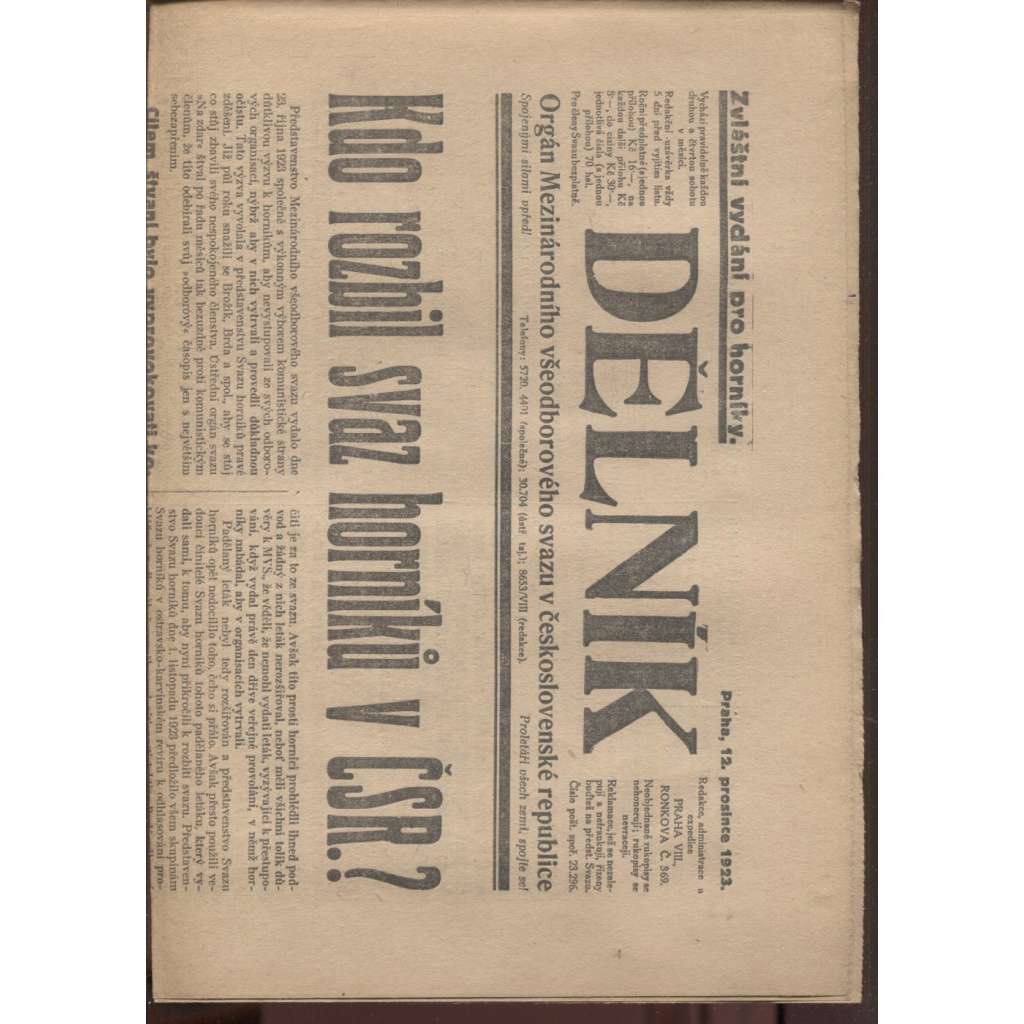 Dělník (12.12.1923) - 1. republika, staré noviny. Orgán Mezinárodního všeodborového svazu v československé republice (odbory)