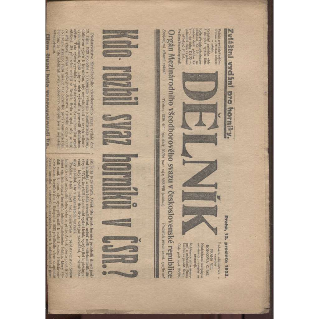 Dělník (12.12.1923) - 1. republika, staré noviny. Orgán Mezinárodního všeodborového svazu v československé republice (odbory)