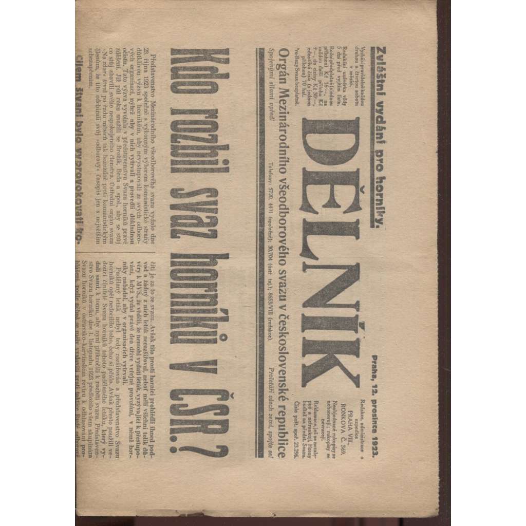 Dělník (12.12.1923) - 1. republika, staré noviny. Orgán Mezinárodního všeodborového svazu v československé republice (odbory)