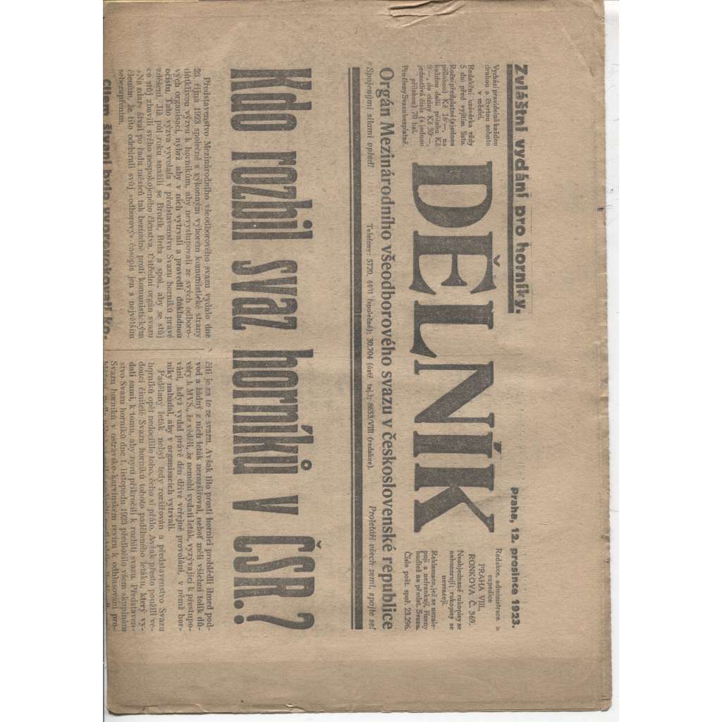 Dělník (12.12.1923) - 1. republika, staré noviny. Orgán Mezinárodního všeodborového svazu v československé republice (odbory)