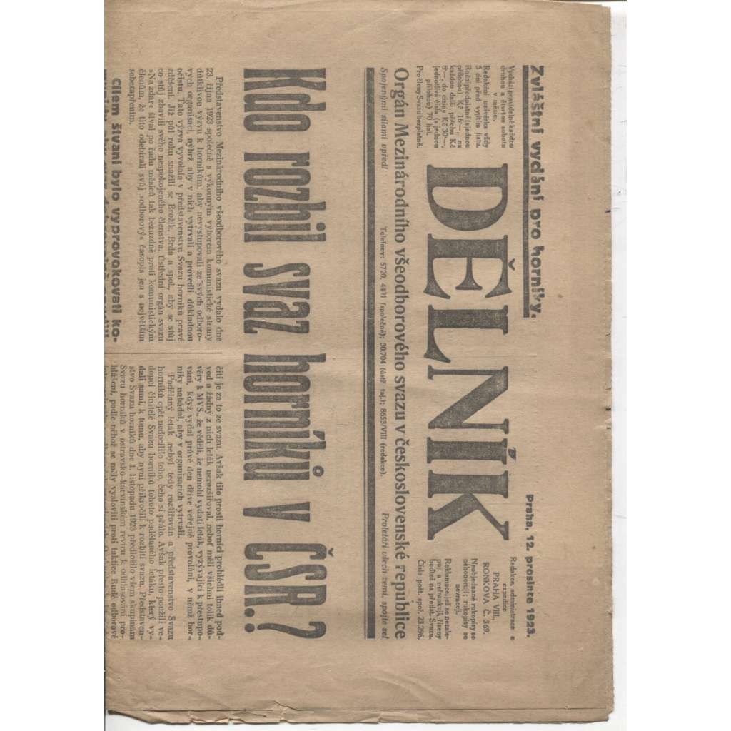 Dělník (12.12.1923) - 1. republika, staré noviny. Orgán Mezinárodního všeodborového svazu v československé republice (odbory)