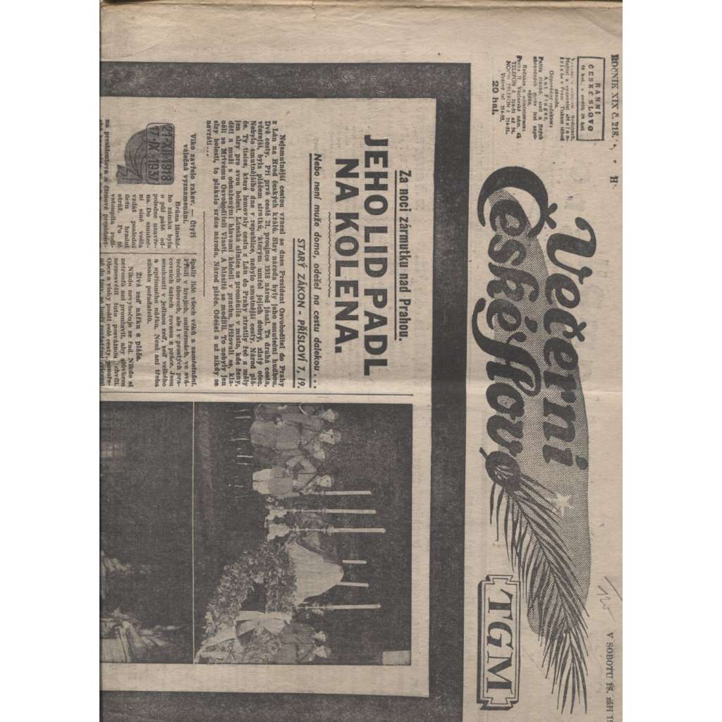 Večerní České slovo (18.9.1937) - 1. republika, staré noviny, úmrtí T. G. Masaryk, prezident