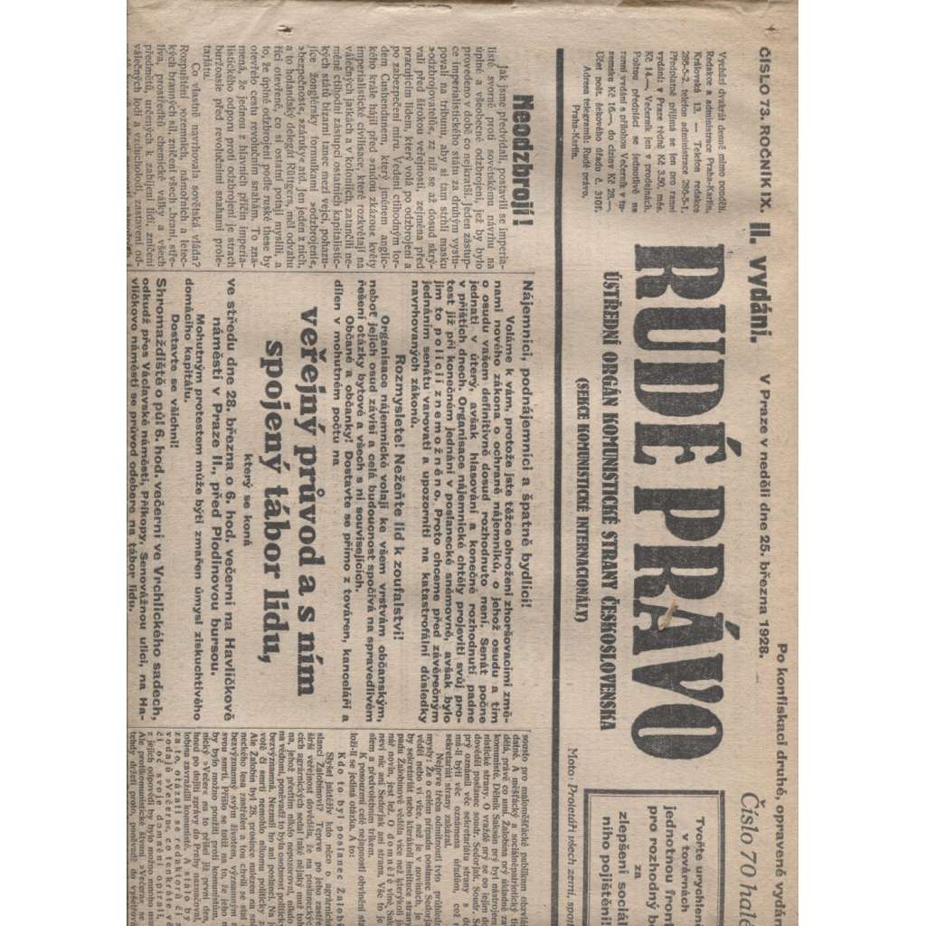 Rudé právo (25.3.1928) - 1. republika, staré noviny