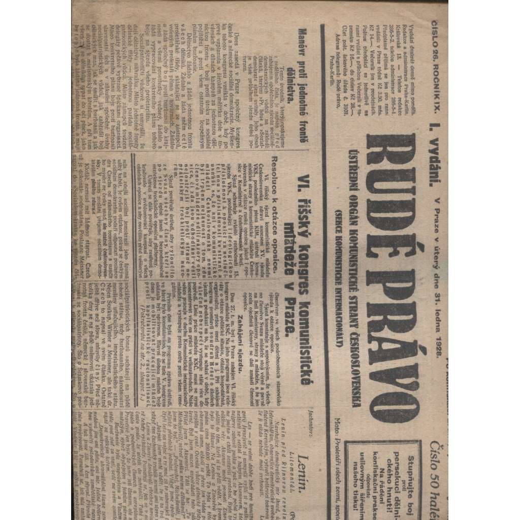 Rudé právo (31.1.1928) - 1. republika, staré noviny