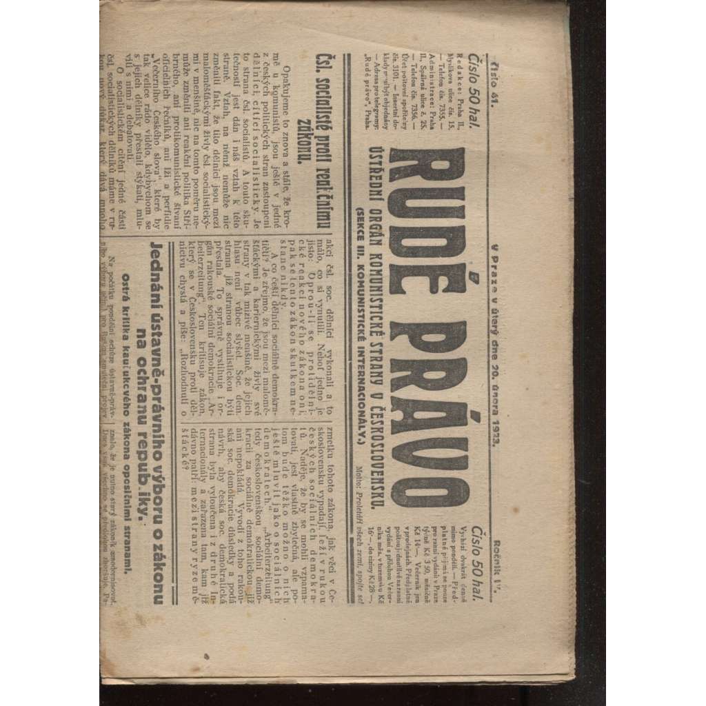 Rudé právo (20.2.1923) - 1. republika, staré noviny