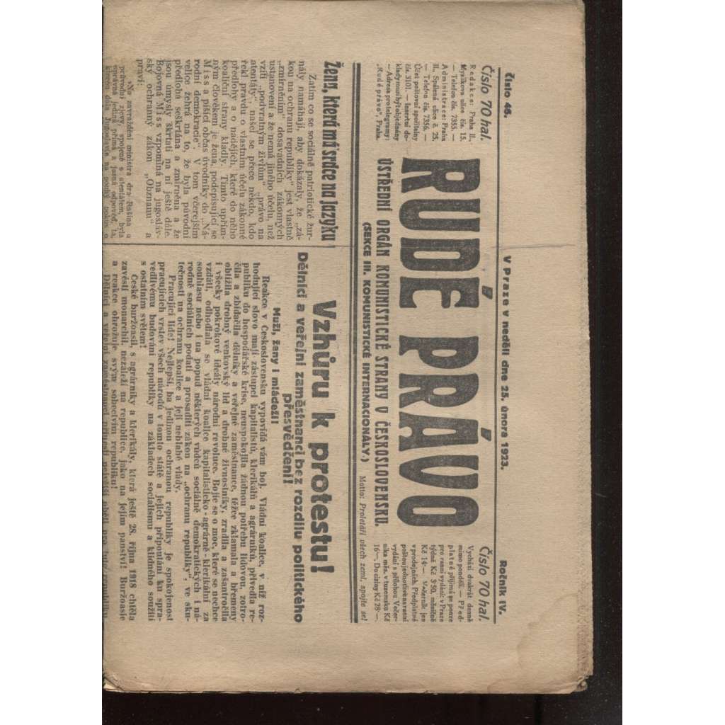 Rudé právo (25.2.1923) - 1. republika, staré noviny