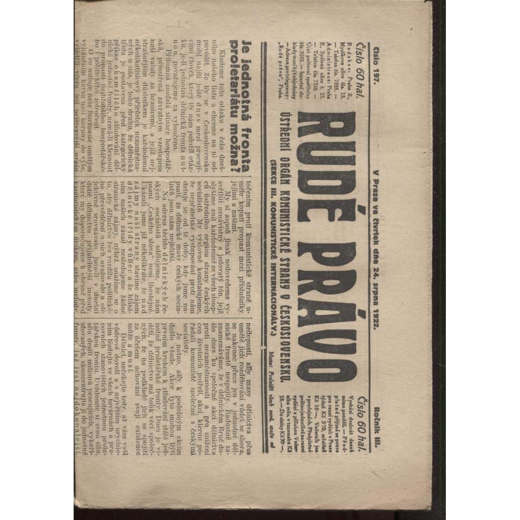 Rudé právo (24.8.1922) - 1. republika, staré noviny