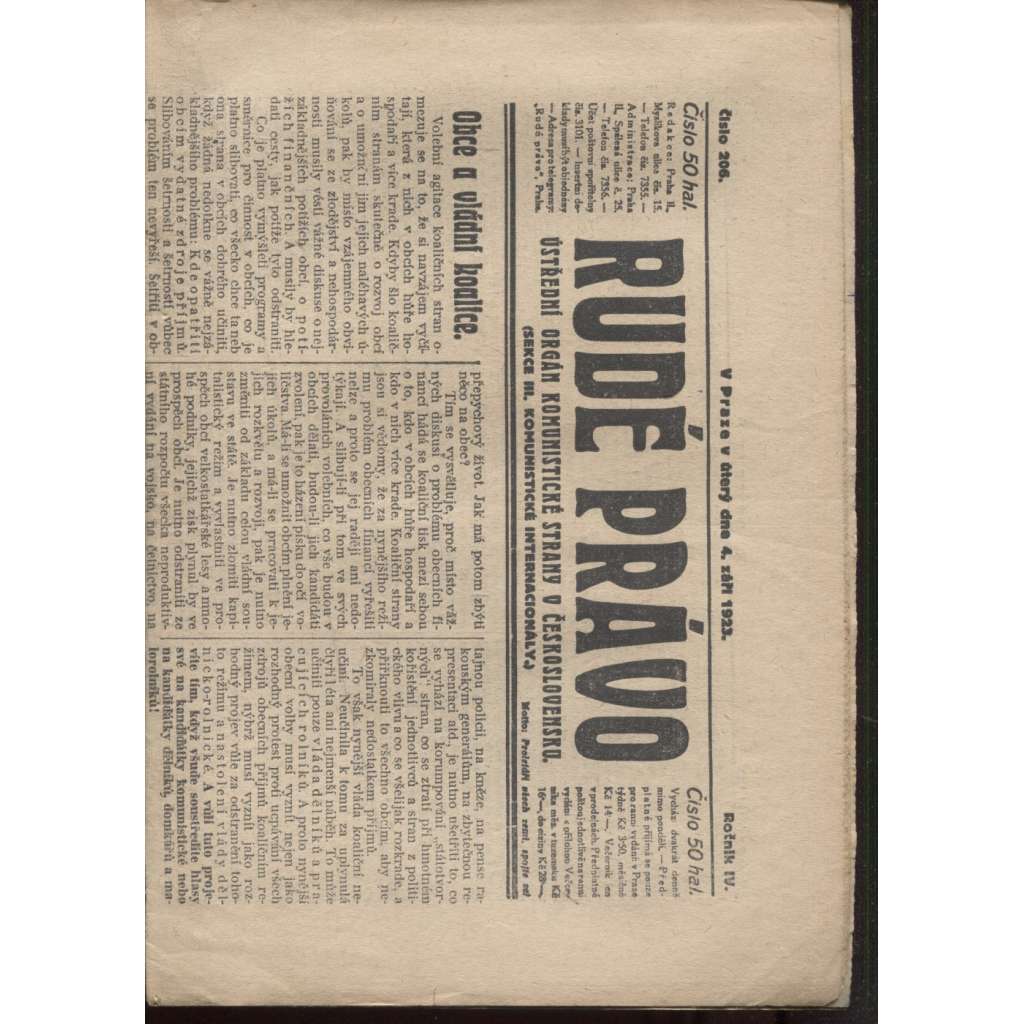 Rudé právo (4.9.1923) - 1. republika, staré noviny