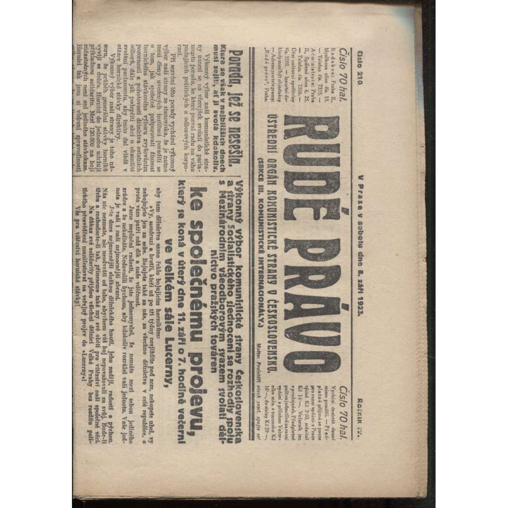 Rudé právo (8.9.1923) - 1. republika, staré noviny