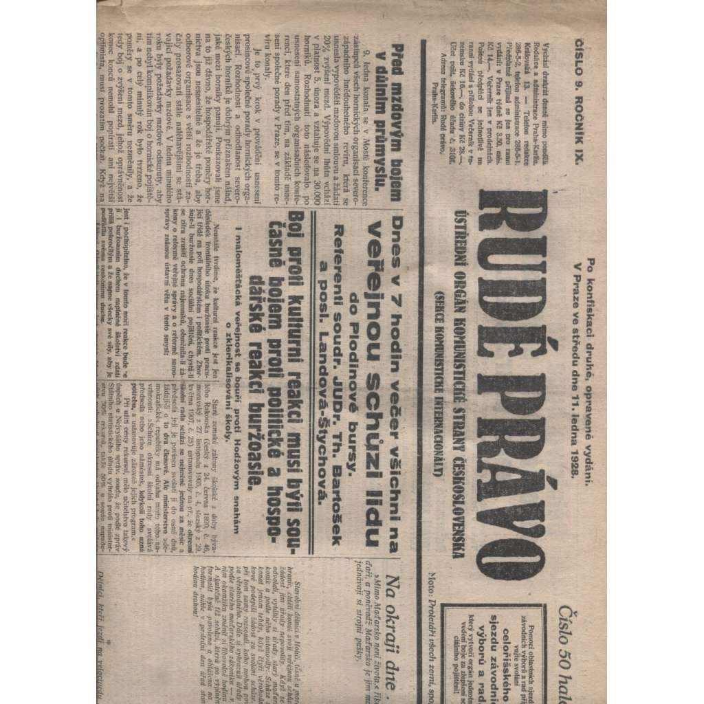 Rudé právo (11.1.1928) - 1. republika, staré noviny