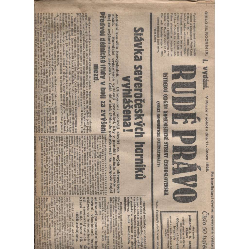 Rudé právo (11.2.1928) - 1. republika, staré noviny