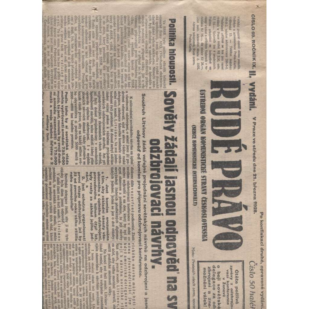 Rudé právo (21.3.1928) - 1. republika, staré noviny