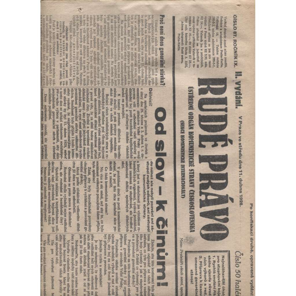 Rudé právo (11.4.1928) - 1. republika, staré noviny