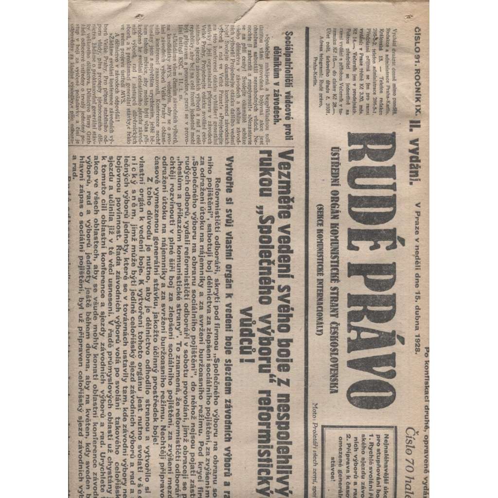 Rudé právo (15.4.1928) - 1. republika, staré noviny