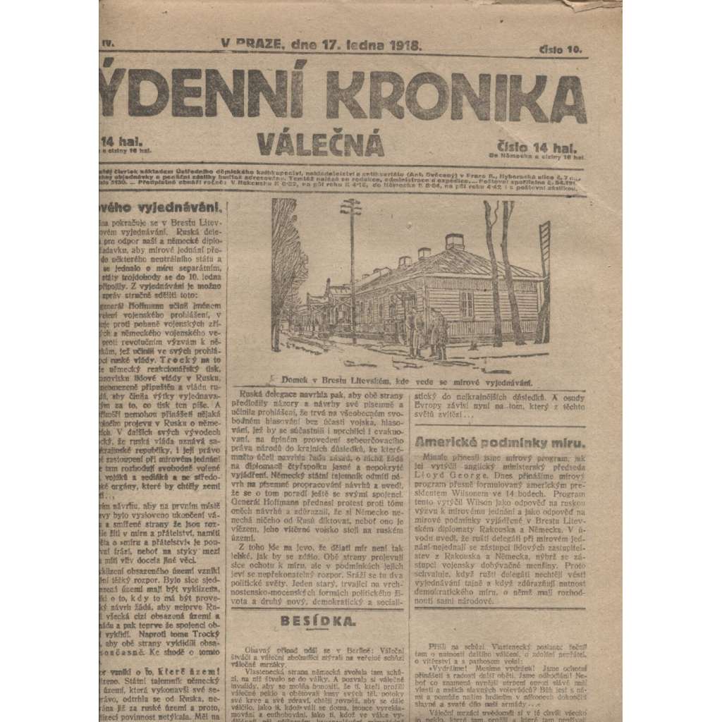 Týdenní kronika válečná (17.1.1918) - staré noviny, I. světová válka